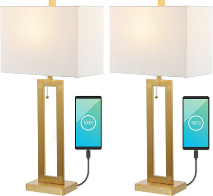 JONATHAN Y JYL1126A-SET2 Sabrina 28.5" Vintage Industrial Iron LED Table Lamp with Pull-Chain and USB Charging Port Mid-Century, Minimalist Bedside Desk Nightstand Lamp, Brass Gold (Set of 2)