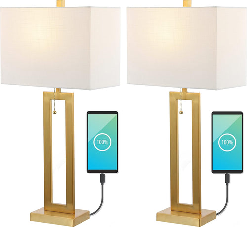JONATHAN Y JYL1126A-SET2 Sabrina 28.5" Vintage Industrial Iron LED Table Lamp with Pull-Chain and USB Charging Port Mid-Century, Minimalist Bedside Desk Nightstand Lamp, Brass Gold (Set of 2)