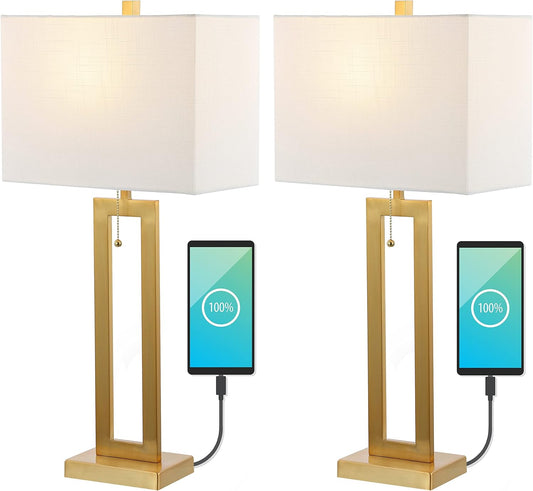 JONATHAN Y JYL1126A-SET2 Sabrina 28.5" Vintage Industrial Iron LED Table Lamp with Pull-Chain and USB Charging Port Mid-Century, Minimalist Bedside Desk Nightstand Lamp, Brass Gold (Set of 2)