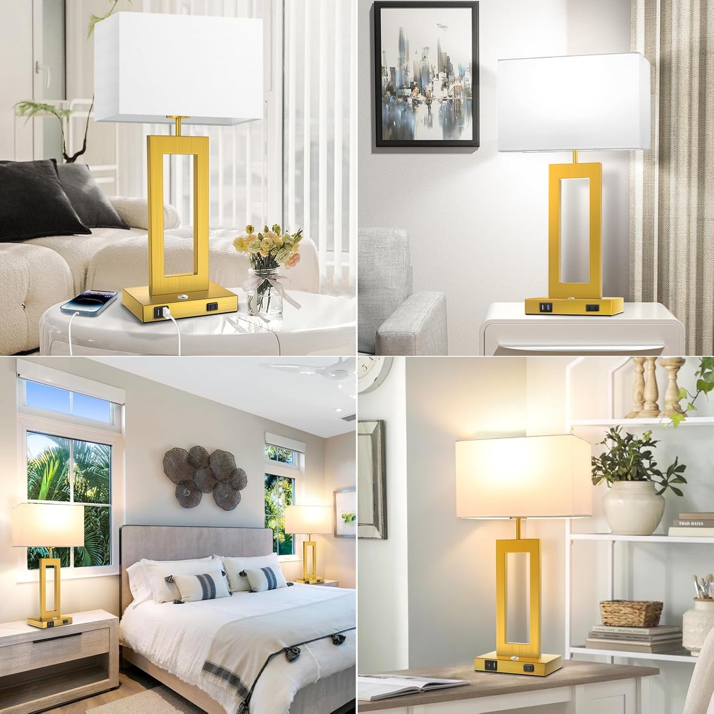 27.2’’ Tall Black Table Lamps for Living Room Bedroom, Bedside Touch Control Lamps with 2 USB Ports&AC Outlet, 3 Way Dimmable&Stepless Dimming Desk Lamp Sets for Home Office, Pre-assembled White Shade