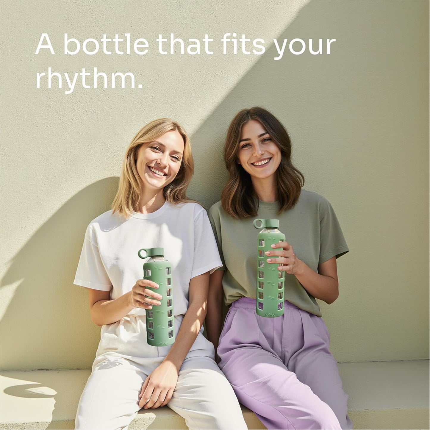 purifyou 40oz / 32oz / 22oz / 12oz Borosilicate Glass Water Bottle with Time & Volume Markers, Silicone Sleeve, Stainless Steel Lid | Reusable Glass Bottle for Water & Juice (40oz Jet Black)