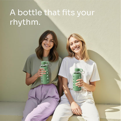 purifyou 40oz / 32oz / 22oz / 12oz Borosilicate Glass Water Bottle with Time & Volume Markers, Silicone Sleeve, Stainless Steel Lid | Reusable Glass Bottle for Water & Juice (40oz Jet Black)