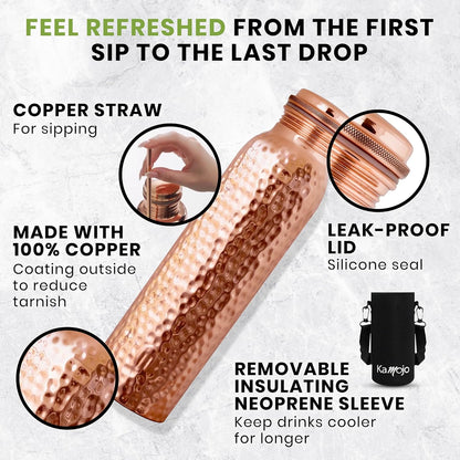 Copper Water Bottle for Drinking - Hammered 100% Pure Copper Tumbler with Leak Proof Lid, Removable Insulating Sleeve & Straw - Handcrafted Ayurvedic Cup for Water 32 fl oz