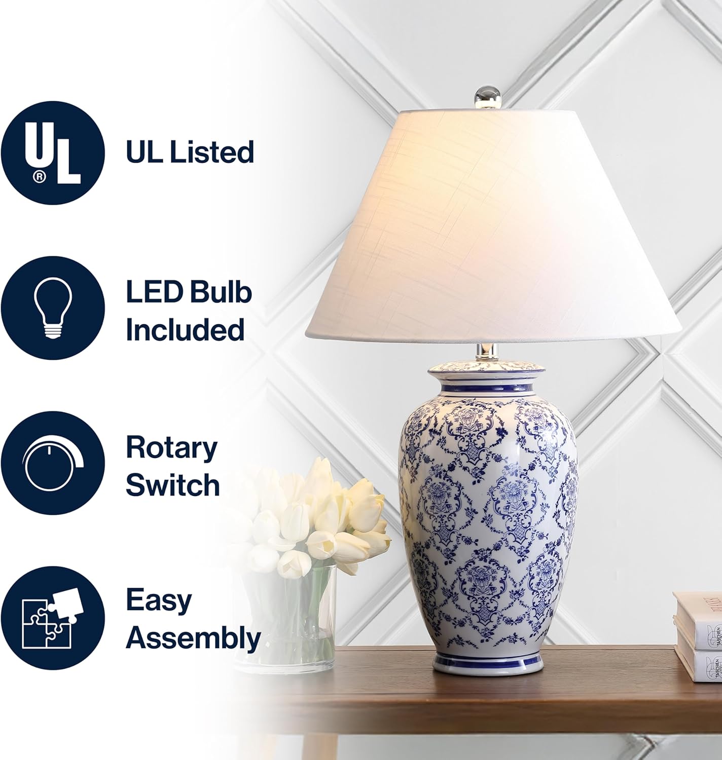 JONATHAN Y JYL8023A Juliana 26.25" Chinoiserie Ceramic LED Table Lamp Traditional Bedside Desk Nightstand Lamp for Bedroom Living Room Office College Bookcase LED Bulb Included, Blue/White