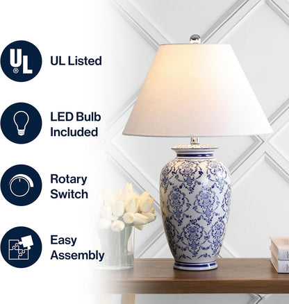 JONATHAN Y JYL8023A Juliana 26.25" Chinoiserie Ceramic LED Table Lamp Traditional Bedside Desk Nightstand Lamp for Bedroom Living Room Office College Bookcase LED Bulb Included, Blue/White