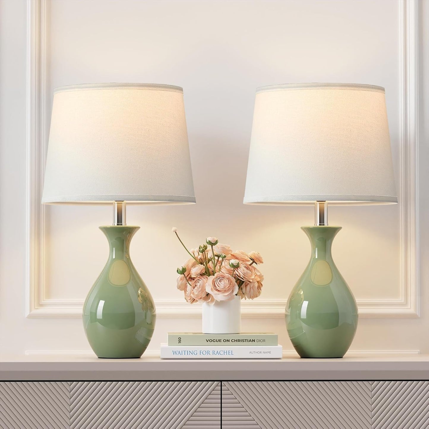 19" Modern Classic Ceramic Table Lamp Set of 2 with Rocker Switch for Bedroom Living Room Desk Side Table Suitable for bedrooms, Living Rooms, Offices, Book(White)