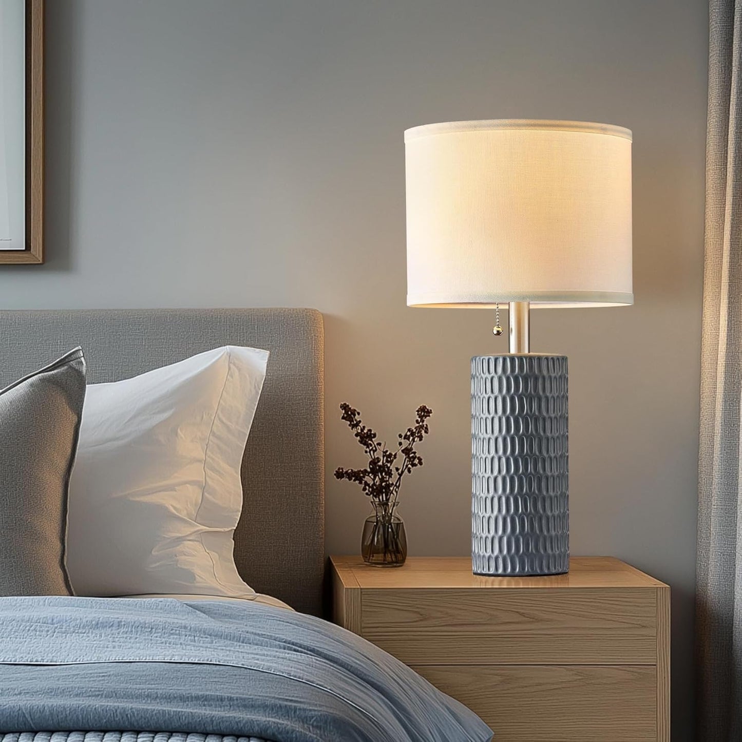 20 Inch Modern Ceramic Table Lamp 2 Pack with White Fabric Shade for Bedroom, Living Room, Nightstand Lamp Suitable for bedrooms, Living Rooms, Offices, Book(20" Dark Blue-2Pack)