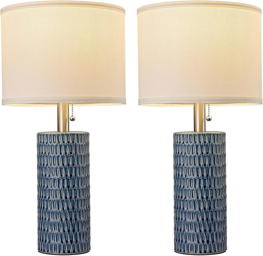 20 Inch Modern Ceramic Table Lamp 2 Pack with White Fabric Shade for Bedroom, Living Room, Nightstand Lamp Suitable for bedrooms, Living Rooms, Offices, Book(20" Dark Blue-2Pack)