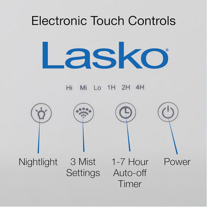 Lasko 3.5 L Cool Mist Ultrasonic Humidifier, Top Fill, 18 Hour Run Time on Low, 3 Mist Settings, Auto-Off Timer, Aromatherapy Tray, Filter Free, White, UH250