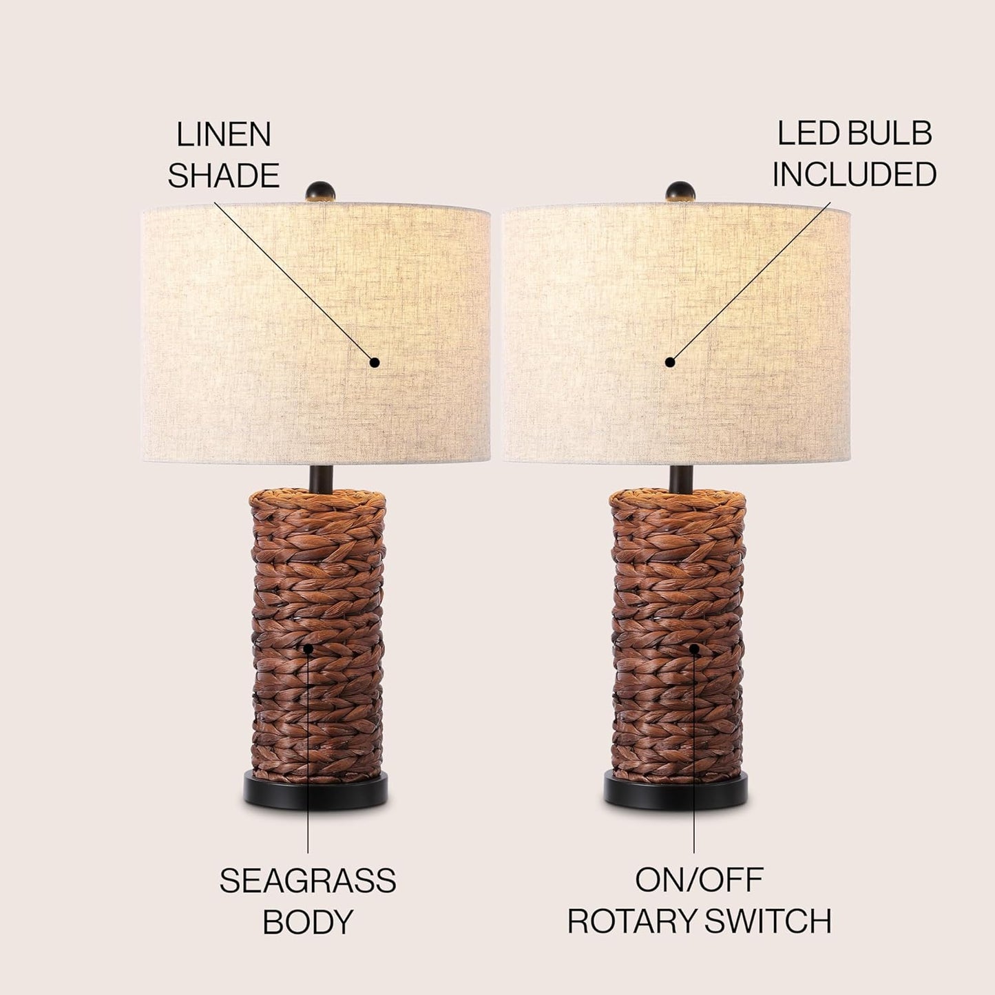 JONATHAN Y JYL6502A-SET2 Set of 2 Table Lamps Elicia 25" Sea Grass LED Coastal for Bedroom, Living Room, Office, College Dorm, Coffee Table, Bookcase