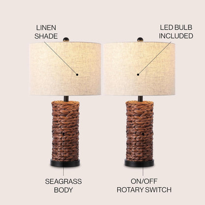 JONATHAN Y JYL6502A-SET2 Set of 2 Table Lamps Elicia 25" Sea Grass LED Coastal for Bedroom, Living Room, Office, College Dorm, Coffee Table, Bookcase