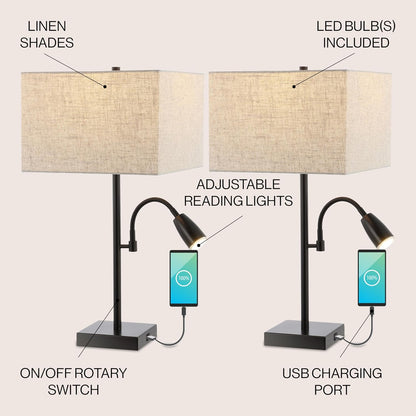 JONATHAN Y JYL1112A-SET2 Austin 25.5" 2-Light Farmhouse Industrial Iron LED Table Lamp,USB Charging Port,Adjustable Reading Light Coastal,Minimalist Bedside Desk Nightstand,Oil Rubbed Bronze(Set of 2)