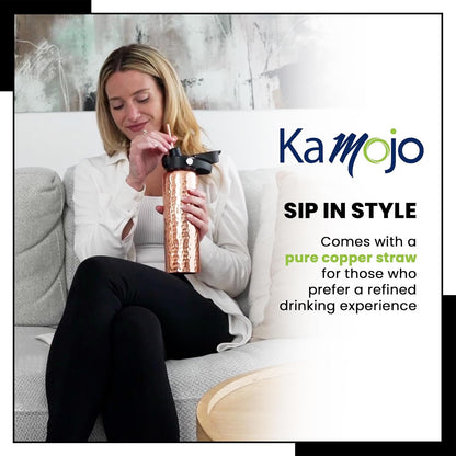 Copper Water Bottle for Drinking - Hammered 100% Pure Copper Tumbler with Leak Proof Lid, Removable Insulating Sleeve & Straw - Handcrafted Ayurvedic Cup for Water 32 fl oz