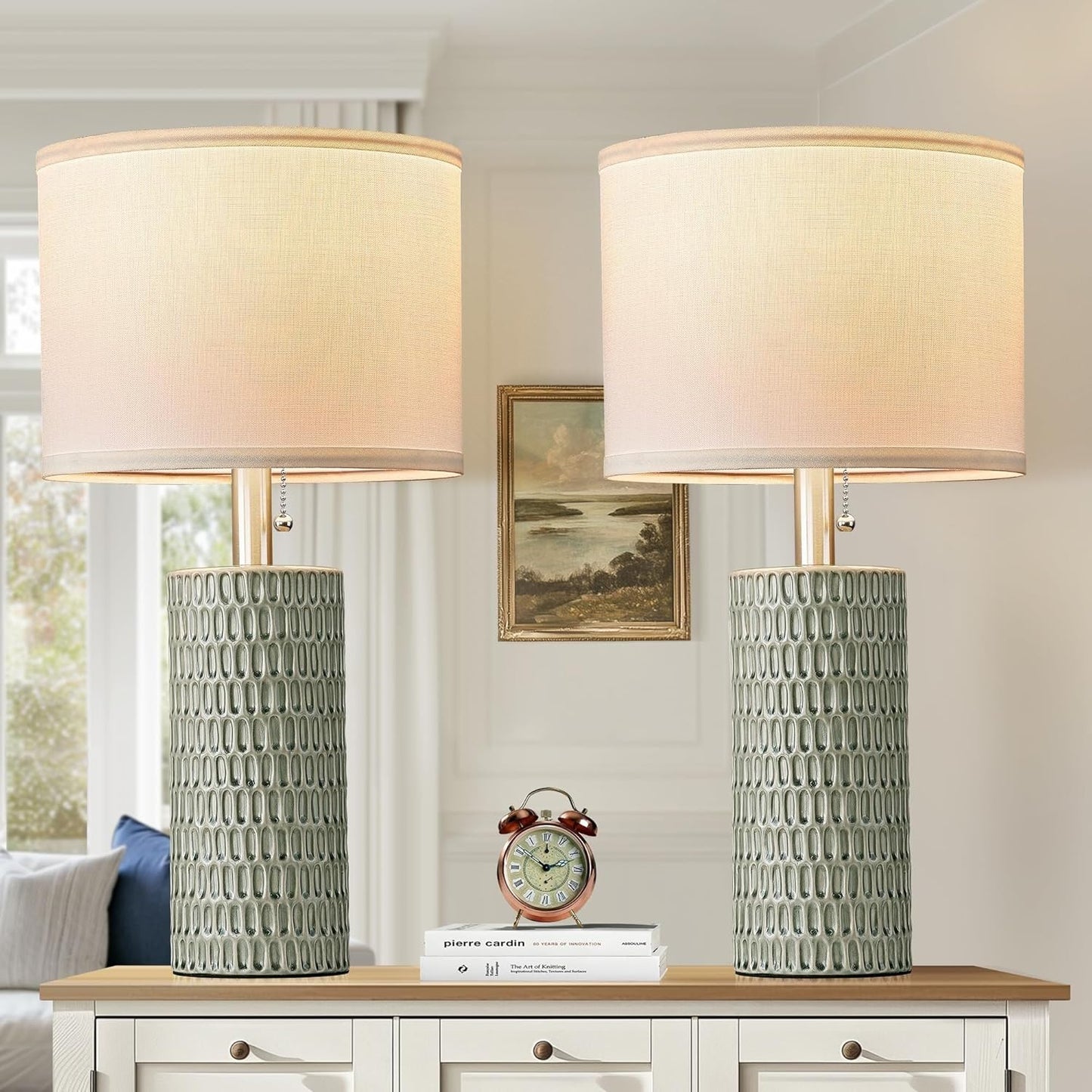 20 Inch Modern Ceramic Table Lamp 2 Pack with White Fabric Shade for Bedroom, Living Room, Nightstand Lamp Suitable for bedrooms, Living Rooms, Offices, Book(20" Dark Blue-2Pack)