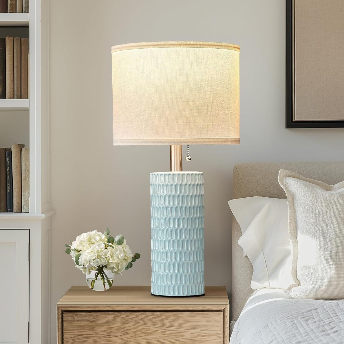 20 Inch Modern Ceramic Table Lamp 2 Pack with White Fabric Shade for Bedroom, Living Room, Nightstand Lamp Suitable for bedrooms, Living Rooms, Offices, Book(20" Dark Blue-2Pack)