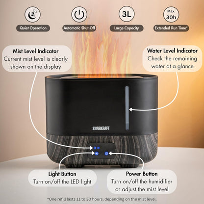 ZMARKRAFT® 3L Large Humidifier with Special Flame Light Effect, Quiet Ultrasonic Humidifying, Top Fill and Adjustable Mist Level, Cool Mist Humidifier for Any Season for Bedroom and Living Room