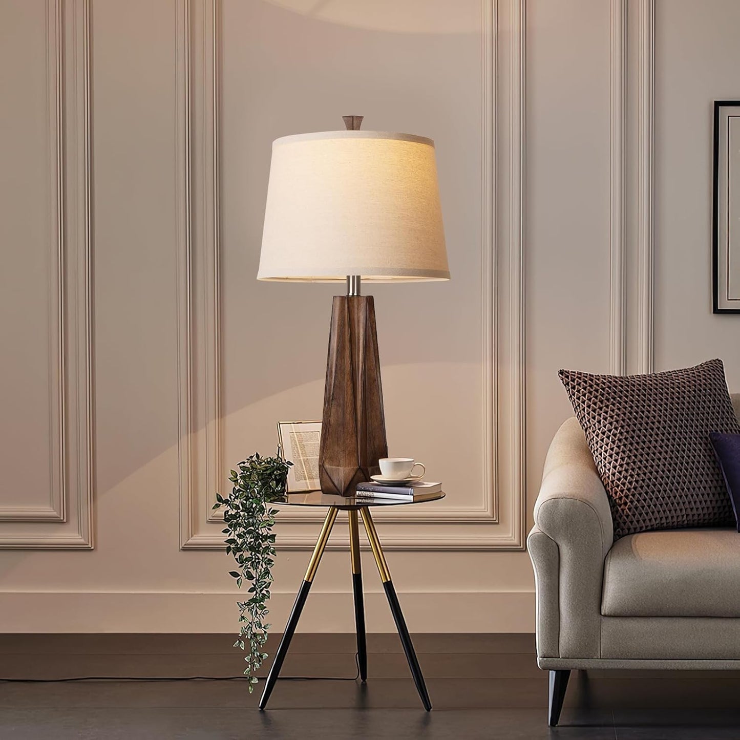 28" 3 Color Temperature Table Lamp, Linen Shade, Living Room Nightstand Bedroom Decor, Light Bulb Included, Wood Grain 2-Pack Suitable for Living Room, Dormitory, Office,