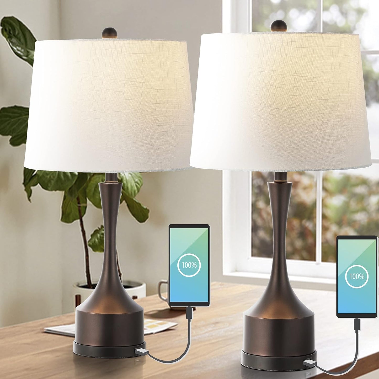 JONATHAN Y JYL4045C-SET2 Cooper 26" Farmhouse Iron LED Table Lamp with USB Charging Port Classic Bedside Desk Nightstand Lamp for Bedroom Living Room Office, Oil Rubbed Bronze (Set of 2)