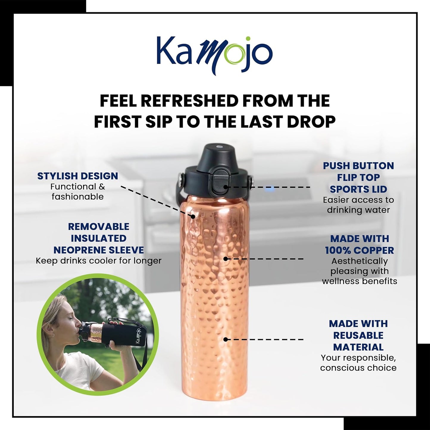 Copper Water Bottle for Drinking - Hammered 100% Pure Copper Tumbler with Leak Proof Lid, Removable Insulating Sleeve & Straw - Handcrafted Ayurvedic Cup for Water 32 fl oz