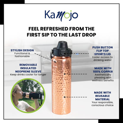 Copper Water Bottle for Drinking - Hammered 100% Pure Copper Tumbler with Leak Proof Lid, Removable Insulating Sleeve & Straw - Handcrafted Ayurvedic Cup for Water 32 fl oz