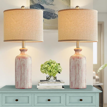 25.8" Modern Ceramic Table Lamp 2-Pack With Linen Shade And Rotary Switch For Bedroom Nightstand Living Room Decoration suitable for bedrooms, living rooms, offices, book(Rotary Switch Blue)