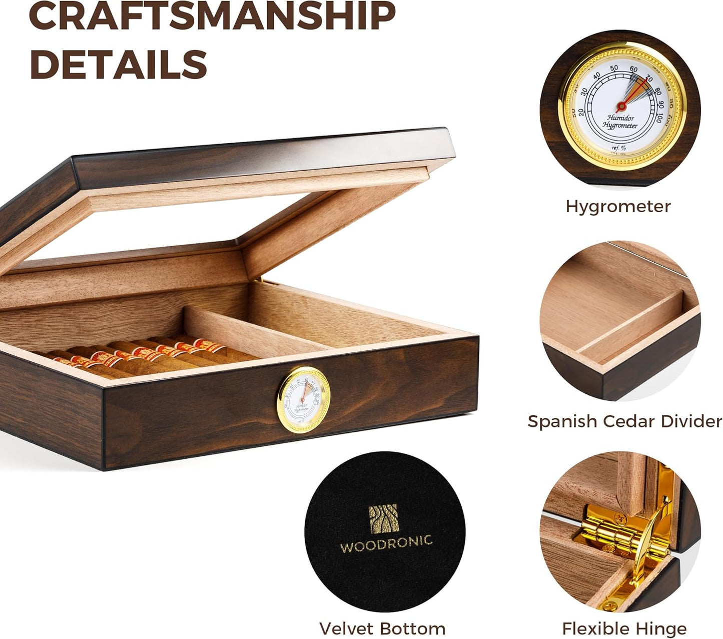 Woodronic Monogrammed Cigar Humidor, Custom Cigar Case with Hygrometer and Humidifier, Spanish Cedar Lining and Divider, Cigar Accessories, Customized Gift for Men, Holds 25 Cigars