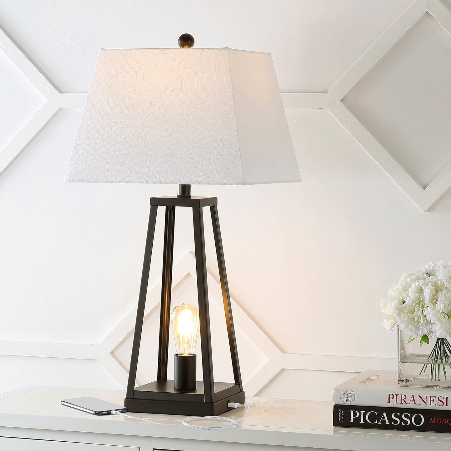 JONATHAN Y JYL8503A Waylon 28.5" Classic Industrial Iron Nightlight LED Table Lamp with USB Charging Port Modern Contemporary Bedside Desk Nightstand Lamp for Bedroom Living Room, Black