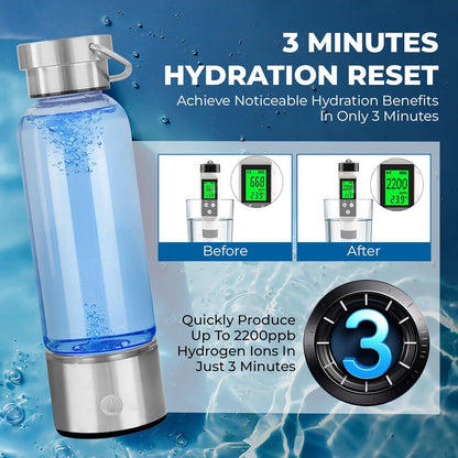 Hydrogen Water Bottle Generator | 14OZ Glass Bottle with 2200PPB SPE PEM Tech | Portable Leakproof Design | USB-C Rechargeable | Filtered Hydrogenated Water | Wellness Gift for Home, Gym, Office
