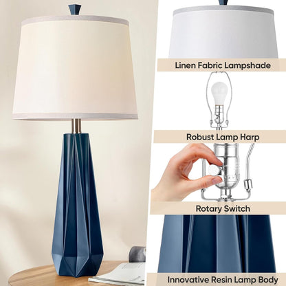 27" Resin Table Lamp Set of 2, 3 Color Temperatures, with Linen Shade, Nightstand Bedroom Office Decor, 2 Bulbs Included for Restaurant/Bedroom/Bar/Camping/Outdoor(Light Wood Grain)