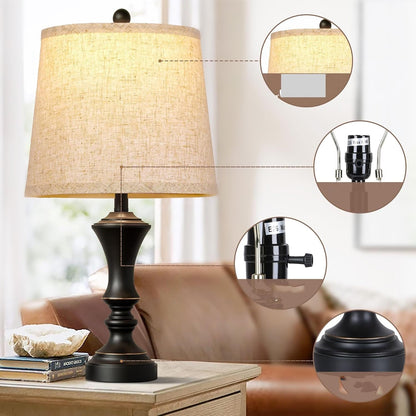 22-inch Vintage Table Lamp Set of 2, Linen Shade, Resin Base, Suitable for Bedroom Bedside Living Room Lamp Suitable for bedrooms, Living Rooms, Offices, Book(Retro Brown)