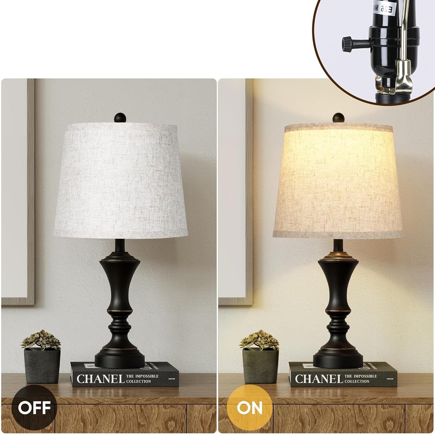 22-inch Vintage Table Lamp Set of 2, Linen Shade, Resin Base, Suitable for Bedroom Bedside Living Room Lamp Suitable for bedrooms, Living Rooms, Offices, Book(Retro Brown)