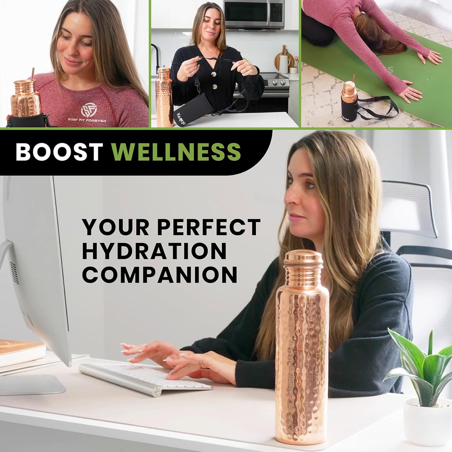 Copper Water Bottle for Drinking - Hammered 100% Pure Copper Tumbler with Leak Proof Lid, Removable Insulating Sleeve & Straw - Handcrafted Ayurvedic Cup for Water 32 fl oz