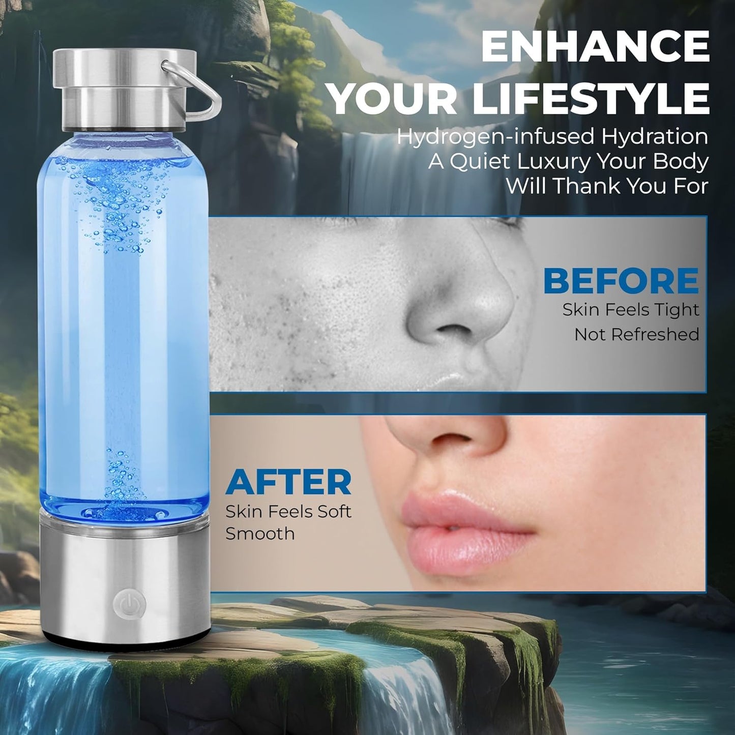 Hydrogen Water Bottle Generator | 14OZ Glass Bottle with 2200PPB SPE PEM Tech | Portable Leakproof Design | USB-C Rechargeable | Filtered Hydrogenated Water | Wellness Gift for Home, Gym, Office