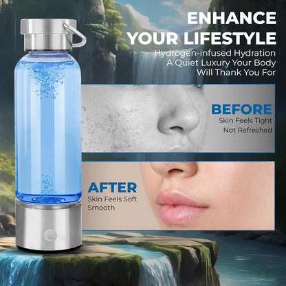 Hydrogen Water Bottle Generator | 14OZ Glass Bottle with 2200PPB SPE PEM Tech | Portable Leakproof Design | USB-C Rechargeable | Filtered Hydrogenated Water | Wellness Gift for Home, Gym, Office