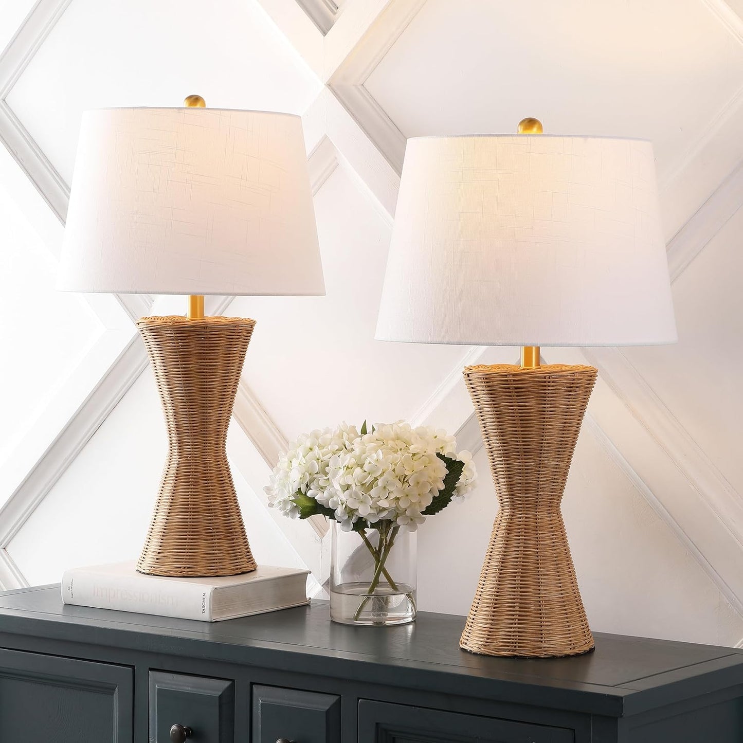 JONATHAN Y JYL4048A-SET2 Laura 27" Coastal Designer Iron/Rattan Wicker LED Table Lamp Bohemian, Style, Minimalist, Cottage, Transitional, Office, Living Room, Dining Room, Bedroom, Natural (Set of 2)