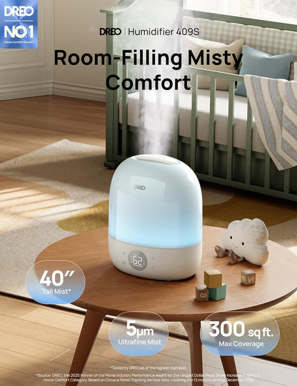 DREO Humidifiers for Bedroom Baby HM409S, Ultra Quiet 28dB & 3L Top Fill Cool Mist Humidifier for Nursery, Smart Air humidifier for Plants Indoor, 1500+ RGB Night Light & Sleep Routine Trainer