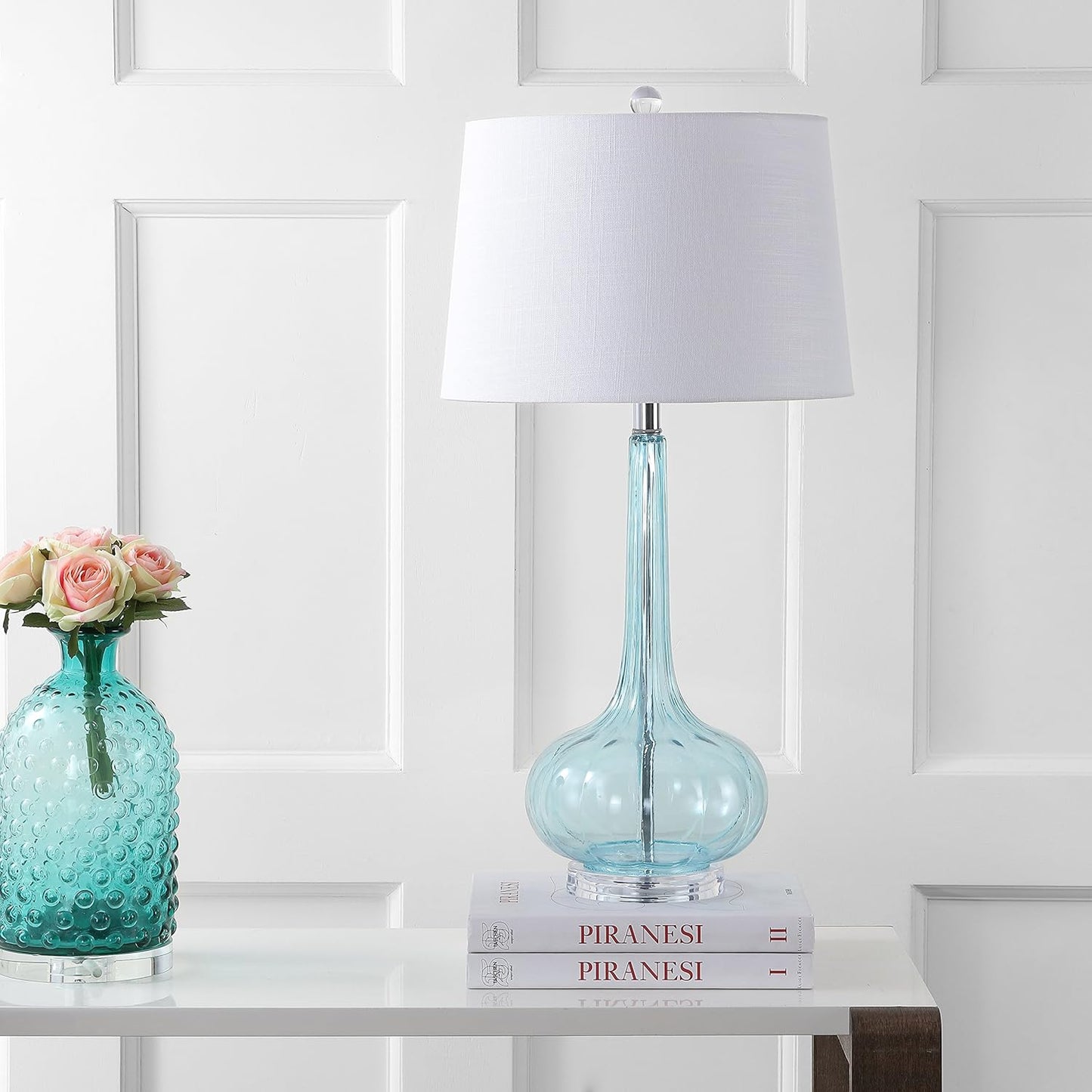 JONATHAN Y JYL1079B-SET2 Set of 2 Table Lamps Bette 28.5" Glass Teardrop LED Table Lamp Contemporary Bedside Desk Nightstand Lamp for Bedroom Living Room Office College Bookcase, Aqua