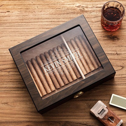 Woodronic Monogrammed Cigar Humidor, Custom Cigar Case with Hygrometer and Humidifier, Spanish Cedar Lining and Divider, Cigar Accessories, Customized Gift for Men, Holds 25 Cigars