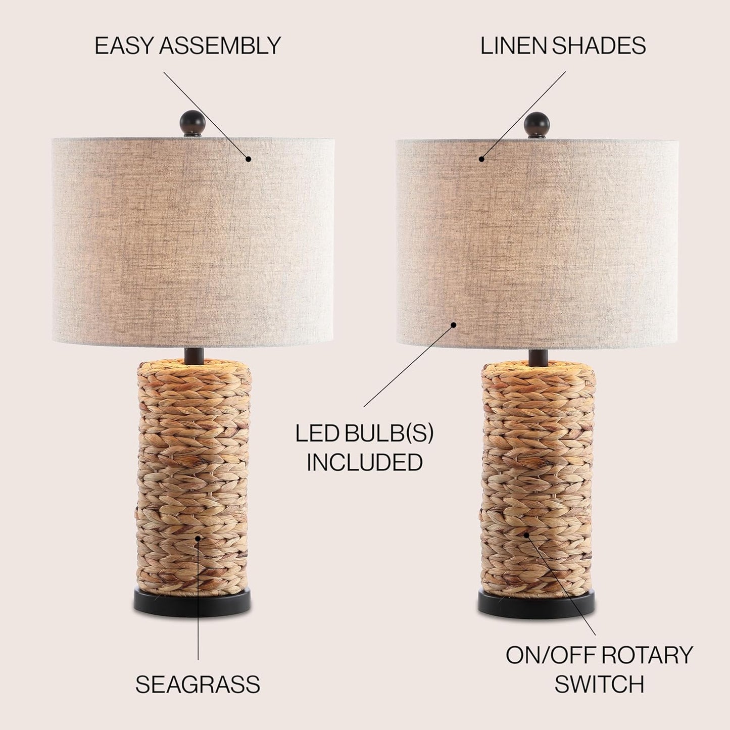 JONATHAN Y JYL6502A-SET2 Set of 2 Table Lamps Elicia 25" Sea Grass LED Coastal for Bedroom, Living Room, Office, College Dorm, Coffee Table, Bookcase