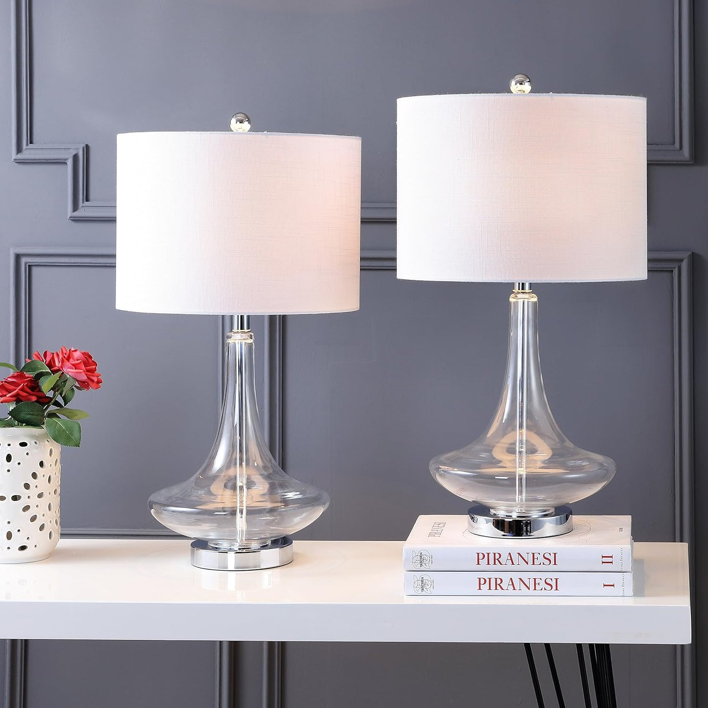 JONATHAN Y JYL1081C-SET2 Set of 2 Table Lamps Cecile 25.5" Glass Teardrop LED Table Lamp Contemporary Bedside Desk Nightstand Lamp for Bedroom Living Room Office College Bookcase, Clear