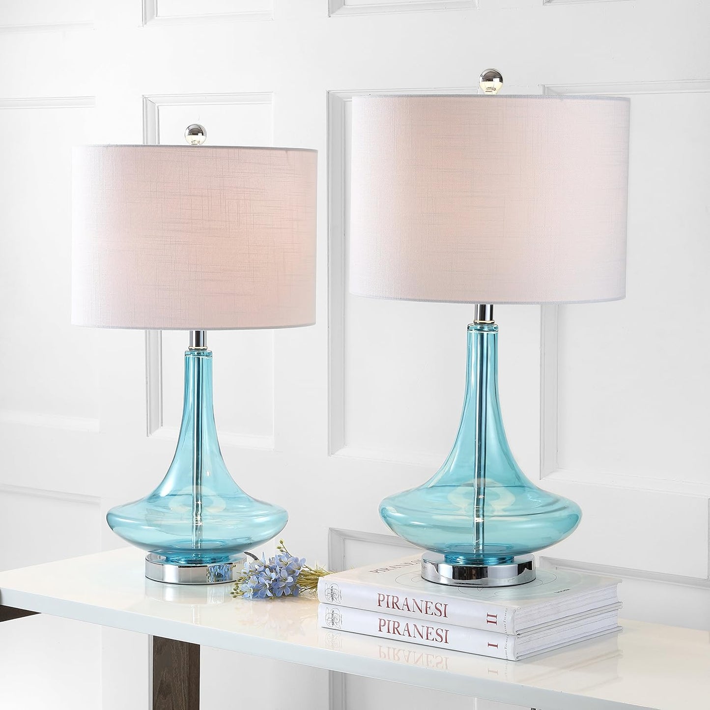 JONATHAN Y JYL1081C-SET2 Set of 2 Table Lamps Cecile 25.5" Glass Teardrop LED Table Lamp Contemporary Bedside Desk Nightstand Lamp for Bedroom Living Room Office College Bookcase, Clear