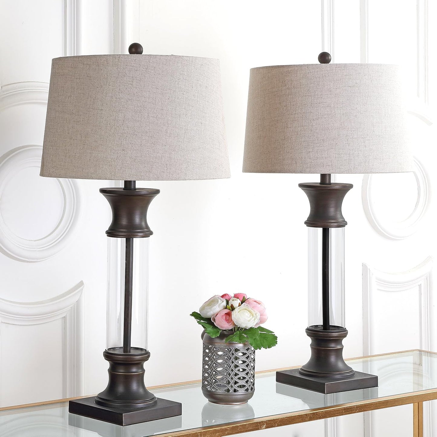 JONATHAN Y JYL4000A-SET2 Set of 2 Table Lamps Hunter 32" Metal/Glass LED Table Lamp Cottage Rustic Bedside Desk Nightstand Lamp for Bedroom Living Room Office College Bookcase, Bronze/Clear