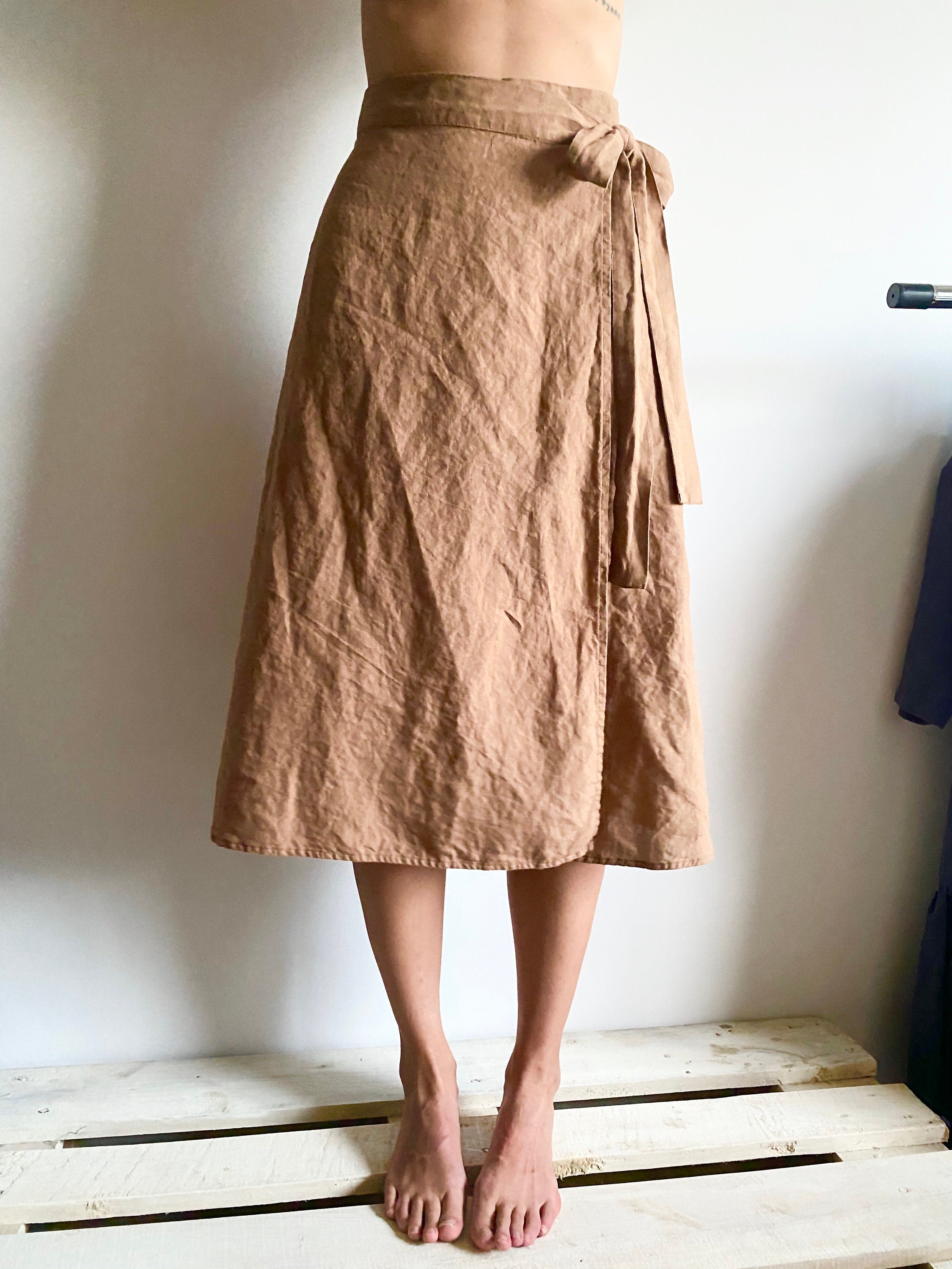Handmade Linen Wrap Skirt: High Waisted Mid-Calf Skirt