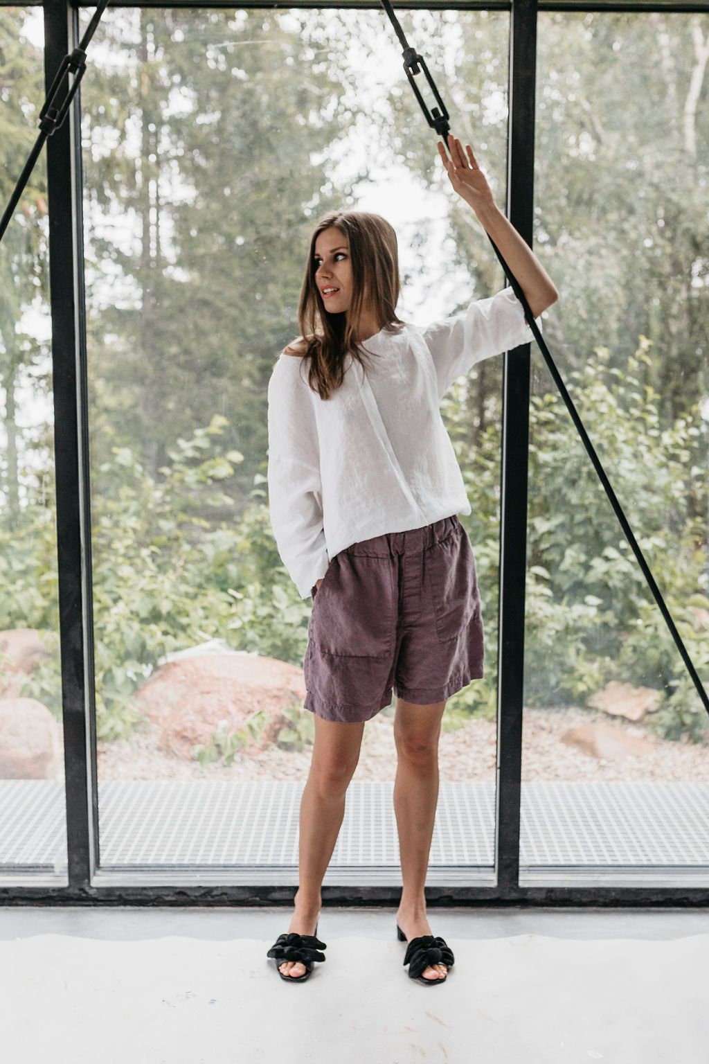 Natural Linen Shorts for Women, Washed, High Waisted, Elastic Waist
