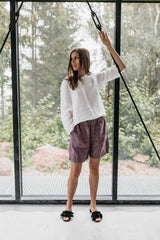 Natural Linen Shorts for Women, Washed, High Waisted, Elastic Waist