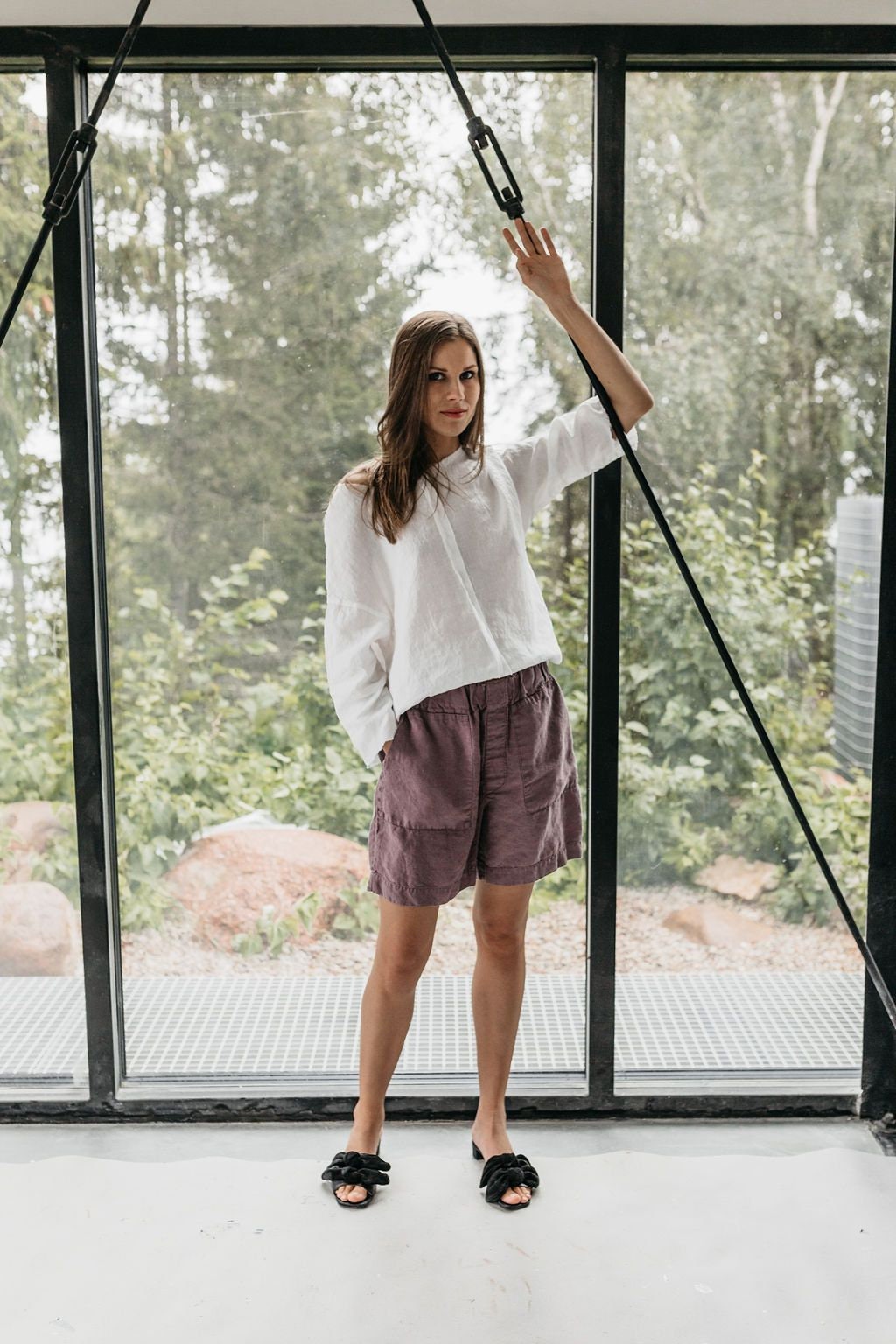 Natural Linen Shorts for Women, Washed, High Waisted, Elastic Waist