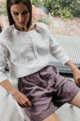 Natural Linen Shorts for Women, Washed, High Waisted, Elastic Waist