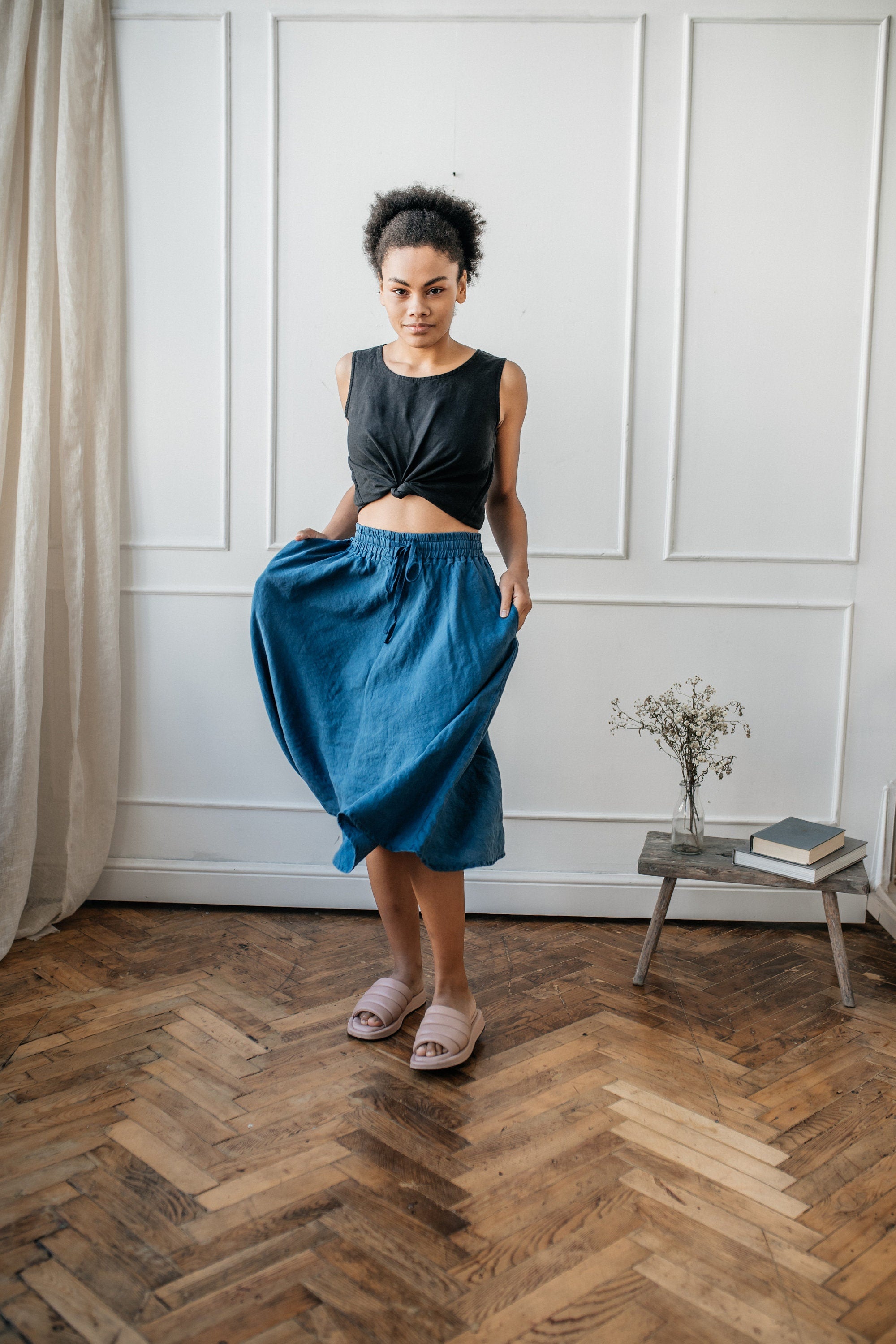 Handmade Linen A-Line Skirt: Elastic Waist Broomstick Skirt