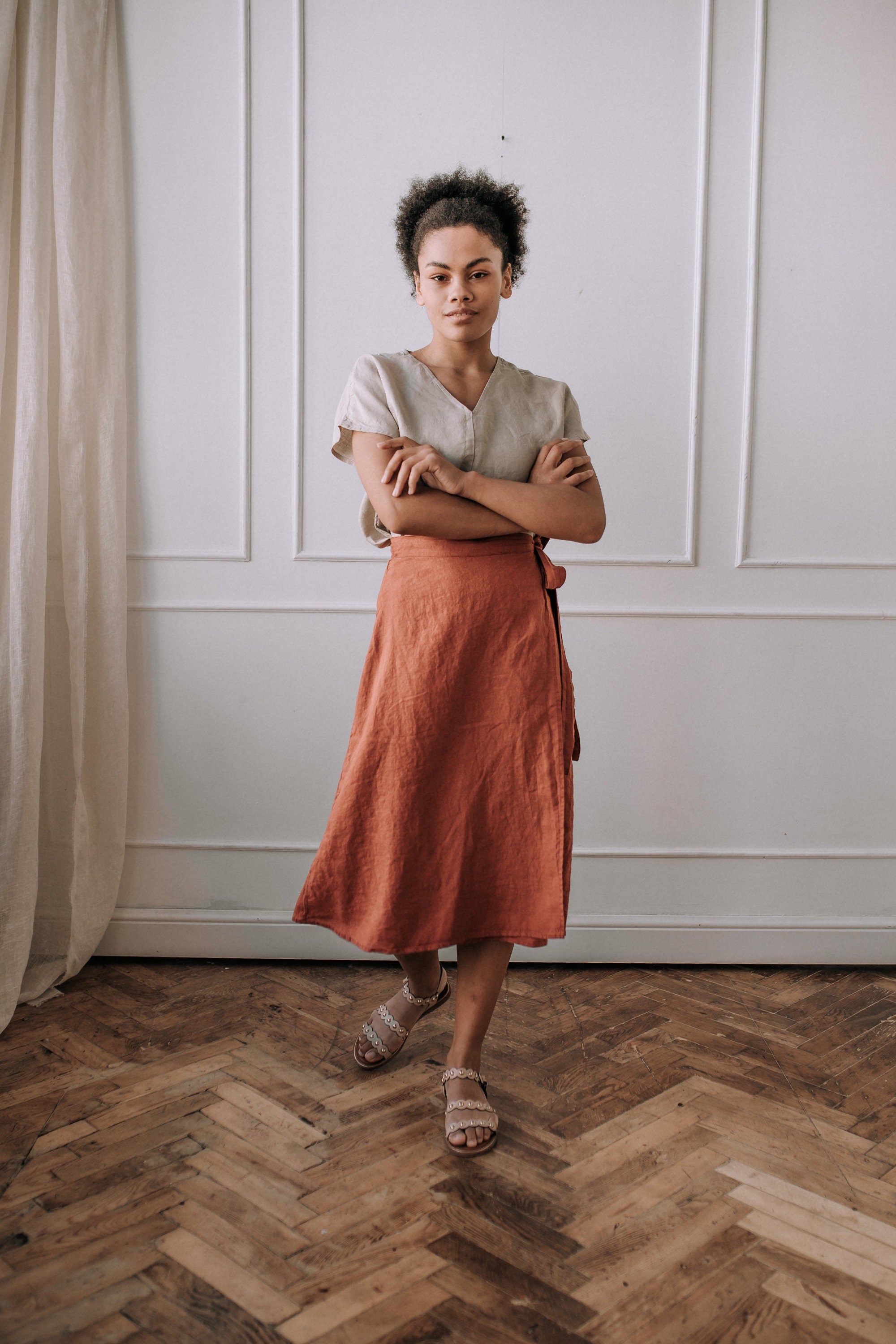 Linen A-Line Wrap Skirt with Ties - Orange Midi Skirt