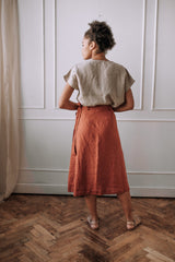 Linen A-Line Wrap Skirt with Ties - Orange Midi Skirt
